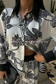 Sofia Contrast Color Flowers Print Long Sleeve Shirt and Elastic Waist Pocketed Pants Set