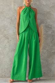 Gette Linen Blend Slit Front Top and High Rise Knoted Pocket Wide Leg Pants Set
