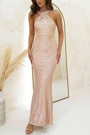 Time To Sparkle Sequin Cross Halter Neck Backless Maxi Dress