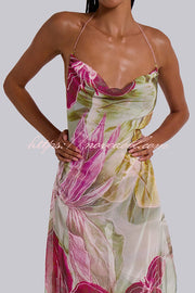 Floral Print Sexy Backless Slit See-Through Holiday Maxi Dress
