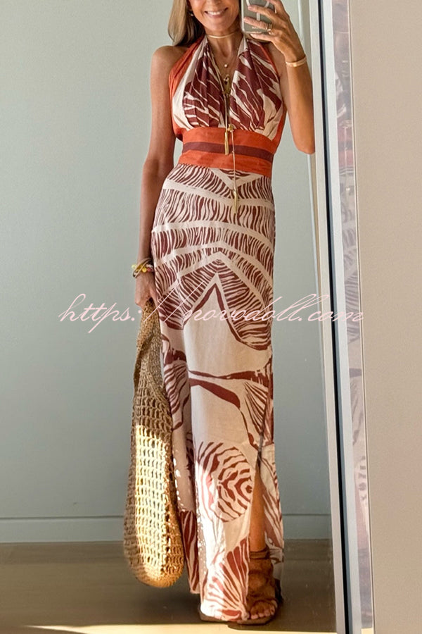 Vacay Bound Linen Blend Unique Botanical Print Halter Maxi Dress