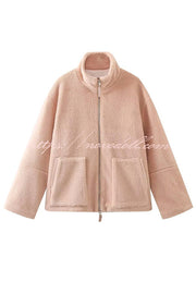 Solid Color Stitching High Collar Long Sleeve Loose Pocket Woolen Coat