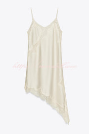 Satin Lace Trim V-neck Asymmetrical Hem Slip Mini Dress