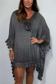 Solid Color Casual Lace Loose Cover Up Mini Dress