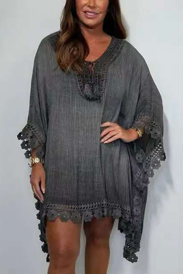 Solid Color Casual Lace Loose Cover Up Mini Dress