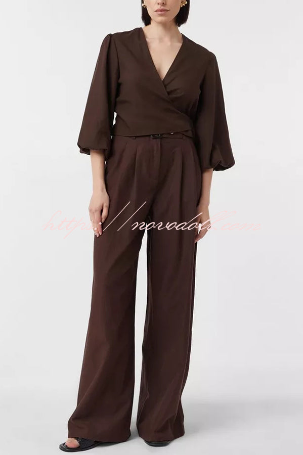 Lets Go Out Linen Blend Balloon Sleeve Wrap Tie-up Loose Top