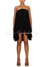 Chiffon Solid Color Halter Backless Irregular Mini Dress