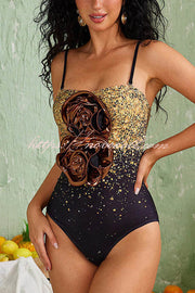 Ombre Sequin Print Metallic Fabric Flower Embellished Stretch One-piece Swimsuit