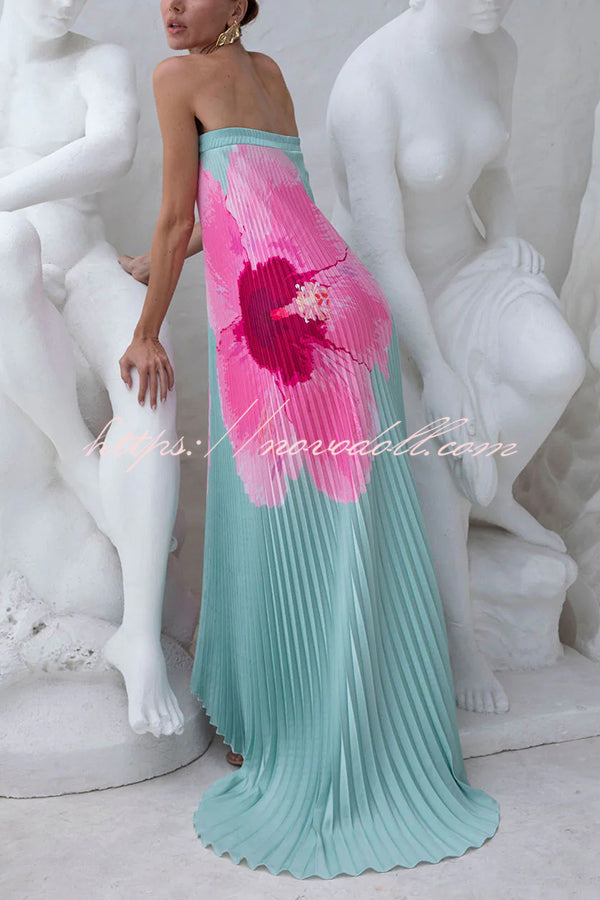 All about Her Pleated Floral Print Off Shoulder A-line Maxi Dress