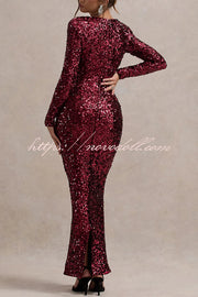 My Dream Sequin Square Neck Long Sleeves Slit Maxi Dress