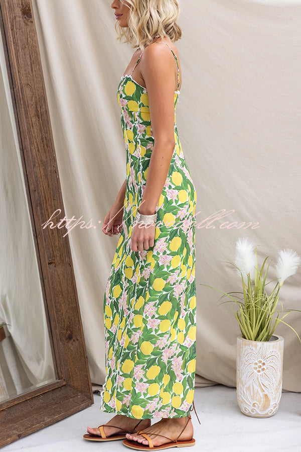 Summer Lemon Print Scalloped Lace Trim Suspender Slim Maxi Dress