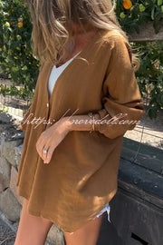 Solid Color V-neck Loose Long-sleeved Button Top