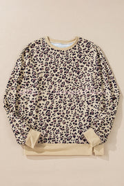 Leopard Print Crew Neck Patchwork Long sleeve Casual Loose Sweatshirt