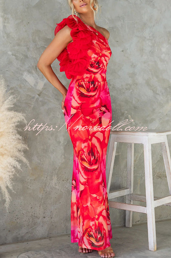Floral Print Sleeveless 3D Flower One Shoulder Slim Maxi Dress