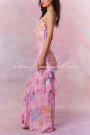 Multicolor Tie-dye Sexy Backless Wave-hem Strap Maxi Dress