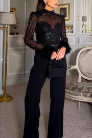 Aerie Sequin Embellished Mock Neck Long Sleeve Feather Cuff Flare Jumpsuit