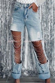 Casual Pocket Ripped Chain Embellished Straight Jeans