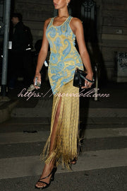 Unique Print Sleeveless Fitted Fringed Hem Maxi Dress