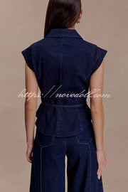Charley Denim Button Up Cap Short Sleeve Structured Tie-up Lapel Top