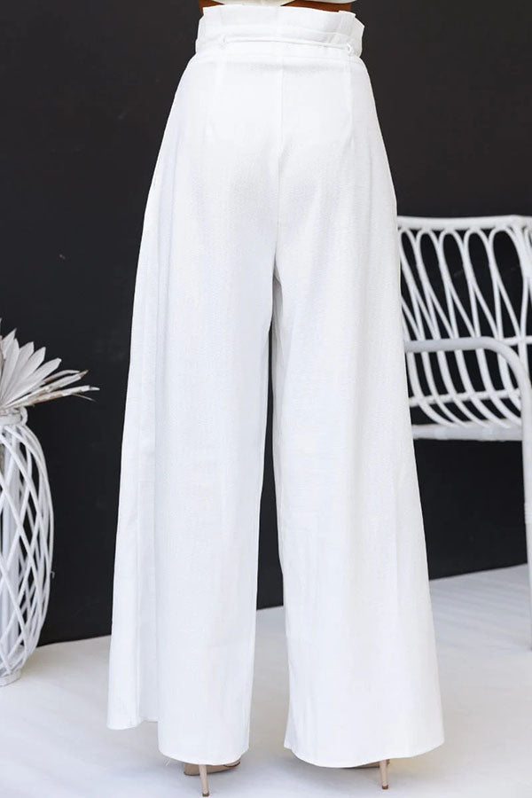 Gette Linen Blend Slit Front Top and High Rise Knoted Pocket Wide Leg Pants Set