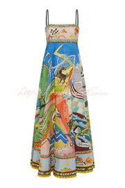 Linen Blend Unique Print Suspenders Back Pleated Pocket Resort Style Maxi Dress