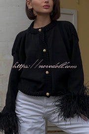 Solid Color Elegant Feather Long Sleeve Casual Knitted Cardigan