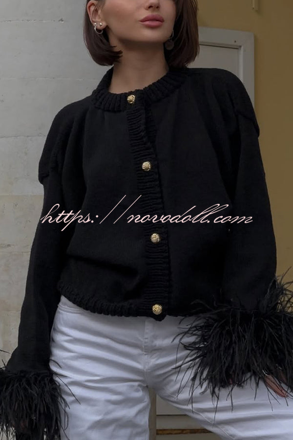 Solid Color Elegant Feather Long Sleeve Casual Knitted Cardigan