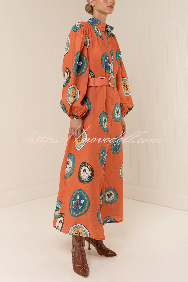 Linen Blend Unique Print Belted Single-breasted Casual Maxi Dress