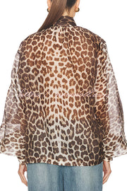 Arianne Chiffon Leopard Print Bow Neck Long Balloon Sleeve Loose Blouse