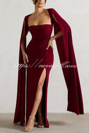 Elegant Goddess Square Neck Twisted Cape Sleeve Slit Maxi Dress