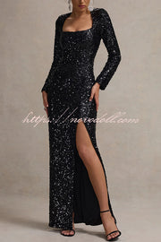 My Dream Sequin Square Neck Long Sleeves Slit Maxi Dress