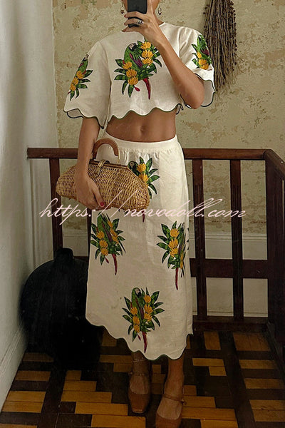 Parrot Print Round Neck Loose Crop Top and Elastic Waist Pocket Casual Midi Skirt Set