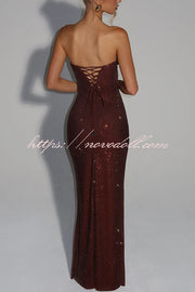 Mirabella Sequin Pleated Cowl Scooped Neckline Back Lace-up Strapless Maxi Dress