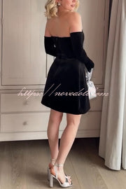 Ines Luxurious Velvet Jewel-encrusted Sweetheart Off Shoulder Neck Tulip Stretch Mini Dress