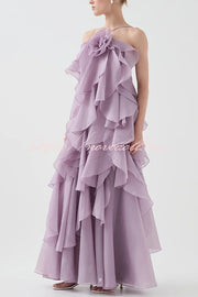 Free - Flowing Rose Detail Tiered Ruffles Halter A-line Maxi Dress
