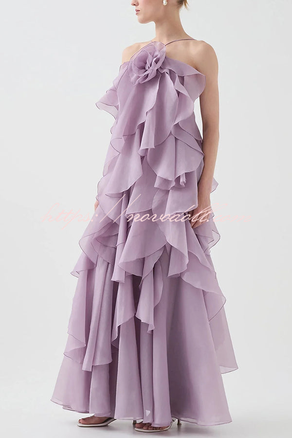 Free - Flowing Rose Detail Tiered Ruffles Halter A-line Maxi Dress