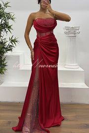 Essie Satin Rhinestone Patchwork Twist Waist Strapless Slit Maxi Dress