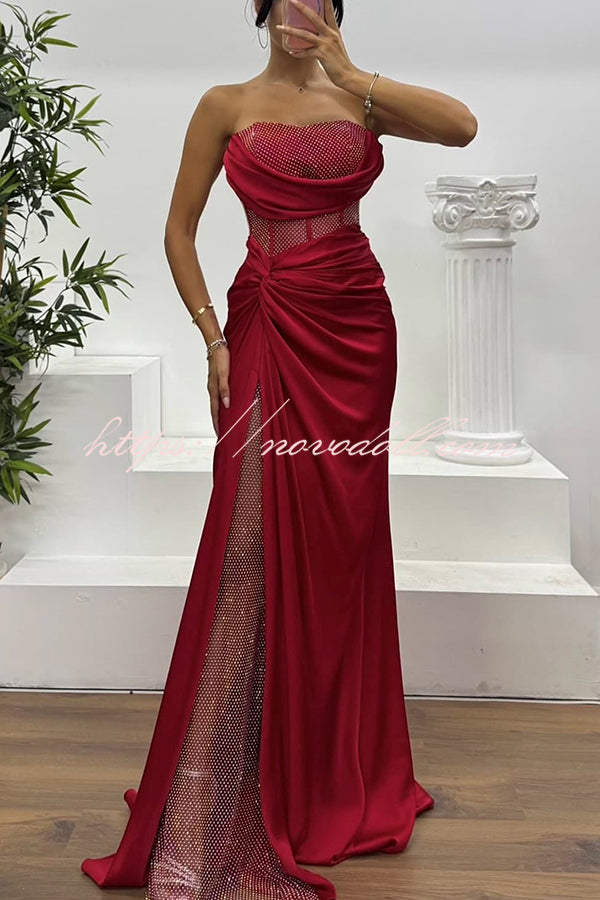 Essie Satin Rhinestone Patchwork Twist Waist Strapless Slit Maxi Dress