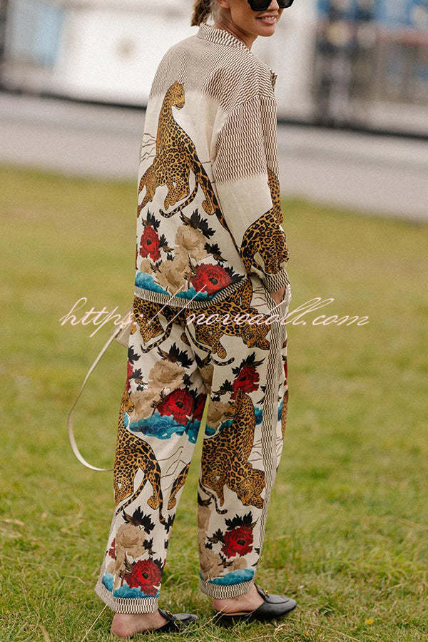 Exotic Leopard Flower Patchwork Print Button Down Oversized Blouse