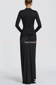 Sexy Cutout Fitted Long-sleeved Pleated Satin Ribbon Maxi Dresses