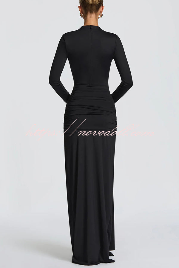 Sexy Cutout Fitted Long-sleeved Pleated Satin Ribbon Maxi Dresses