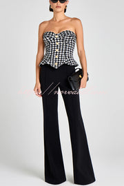 Maya Check Bouclé-tweed Fabric Sweetheart Neck Gold Button Strapless Tank
