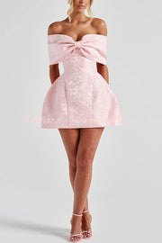 Raquel Floral Jacquard Oversized Off The Shoulder Bow Detail Mini Dress