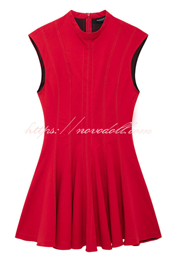 Solid Color Round Neck Sleeveless Waist Mini Dress