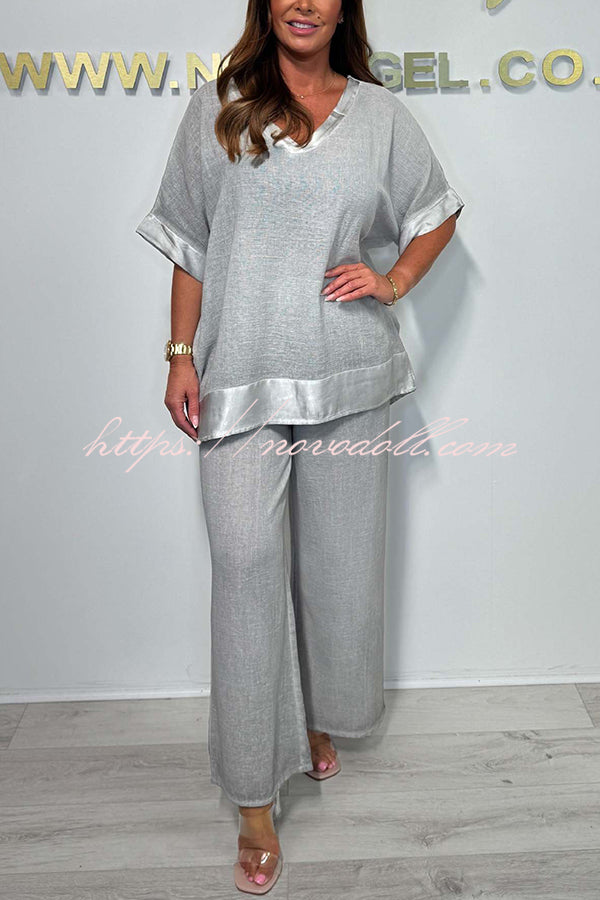 Fashionable V-neck Short-sleeved Loose Top and Elastic Waist Casual Wide-leg Pants Set