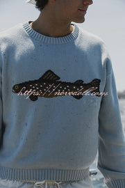 Fashionable Fish Pattern Round Neck Loose Knitted Sweater