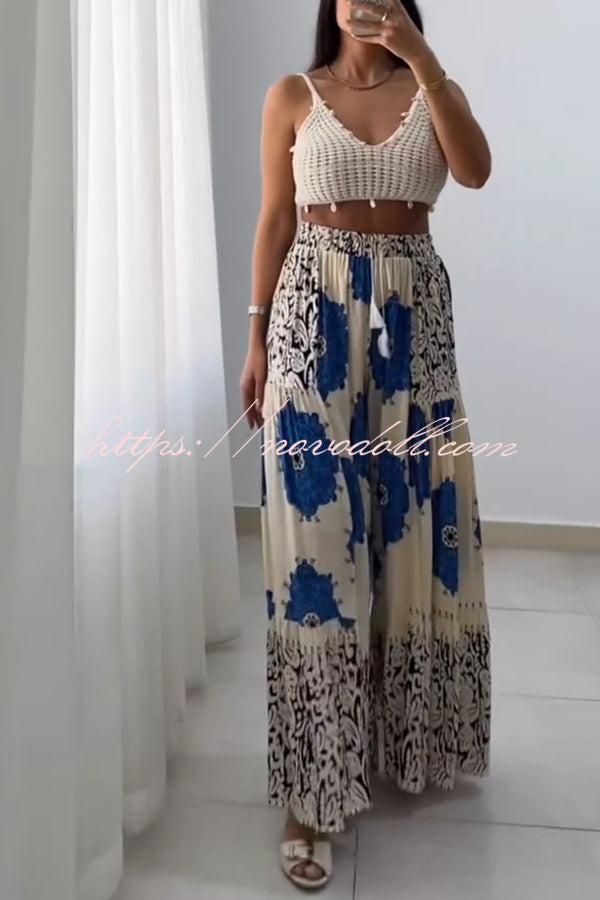 Unique Print Elastic High Waist Tie Pocket Holiday Style Wide Leg Pants