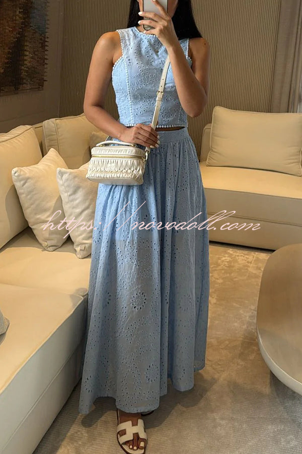 Kaya Embroidery Hollow Lace Back Smocked Tank and Elastic Waist A-line Maxi Skirt Set