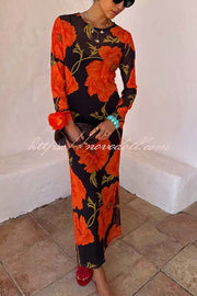 Perfect Cross-season Mesh Poppy Flower Print Long Sleeve Stretch Maxi Dress