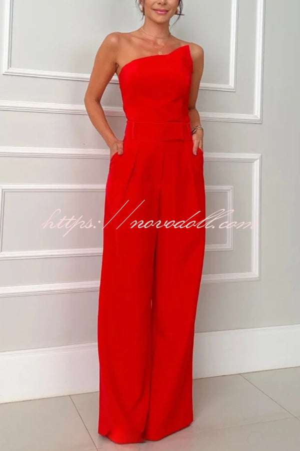 Elegant Bandeau Back Zip Cropped Top and High Waist Pocket Wide Leg Pants Set